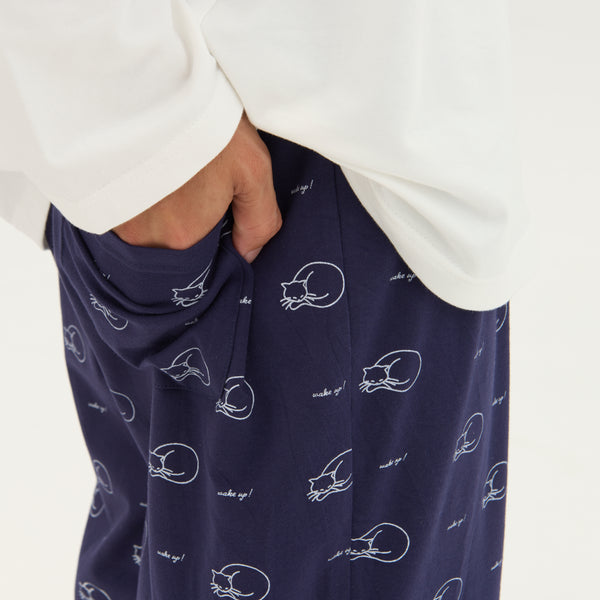 "シュレディンガーの猫" ルームウェア ネイビー ブラウン 量子力学 パシャマ 部屋着 上下セット ねこ ネコ レディース メンズ 人気 おしゃれ かわいい おすすめ 大人 ペア - QurioStore QurioS