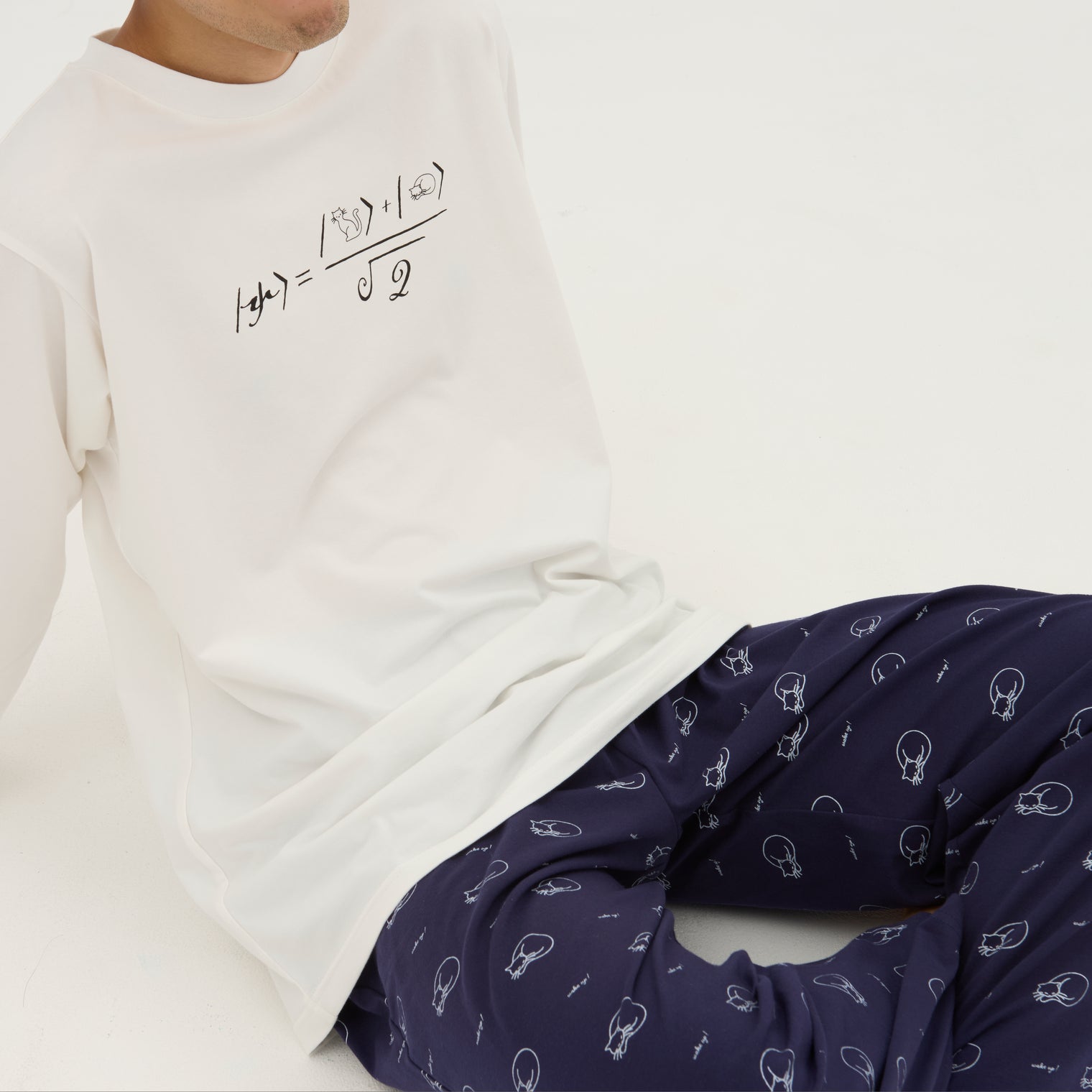 "シュレディンガーの猫" ルームウェア ネイビー ブラウン 量子力学 パシャマ 部屋着 上下セット ねこ ネコ レディース メンズ 人気 おしゃれ かわいい おすすめ 大人 ペア - QurioStore QurioS