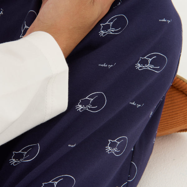 "シュレディンガーの猫" ルームウェア ネイビー ブラウン 量子力学 パシャマ 部屋着 上下セット ねこ ネコ レディース メンズ 人気 おしゃれ かわいい おすすめ 大人 ペア - QurioStore QurioS
