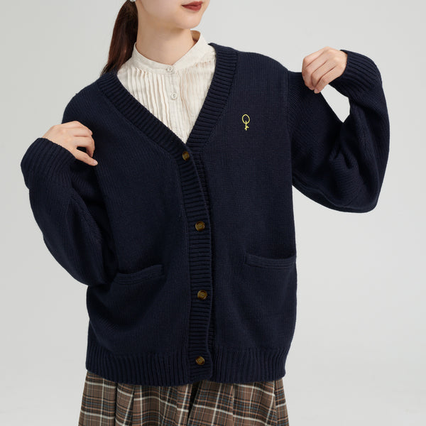 "Q.K." カーディガン アイボリー グレー ネイビー ブラック 刺繍 シンプル ポケット 秋冬 メンズ レディース 制服 通勤 オフィス - QurioStore QurioS