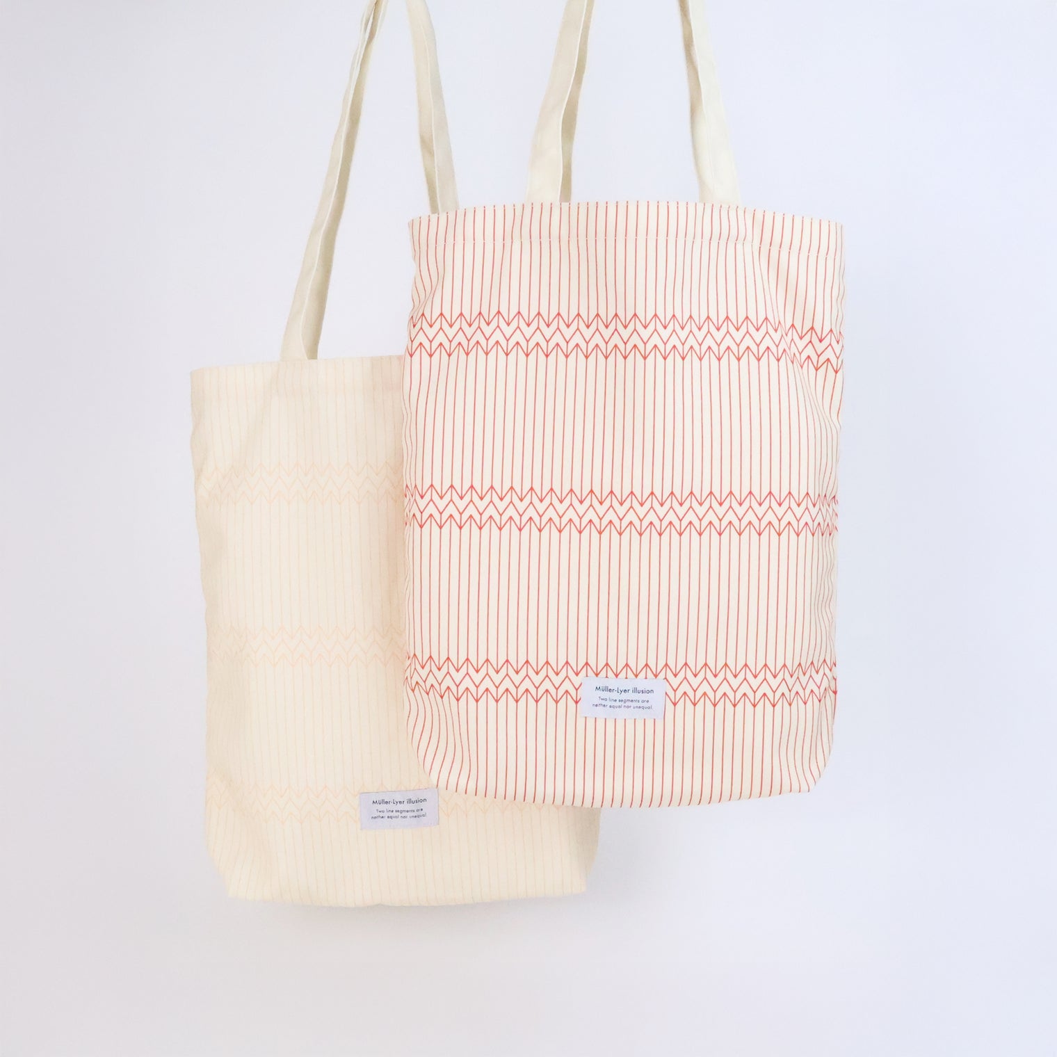 "ミュラー゠リヤー" トートバッグ レッド オレンジ アイボリー 社会学 心理学 錯視 矢羽 折り畳み エコバッグ - QurioStore QurioS