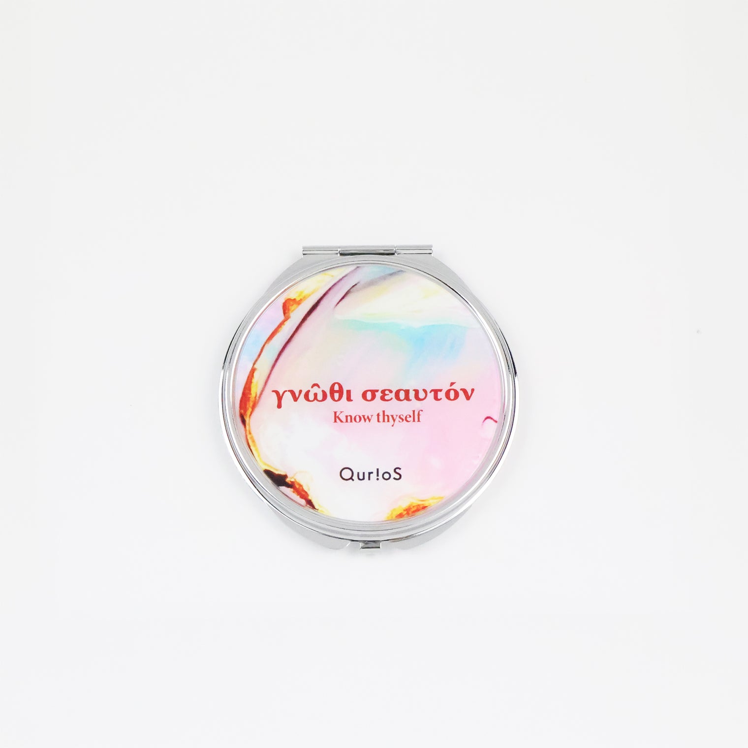 "汝自身を知れ" ミラー ペールピンク 哲学 ソクラテス 拡大鏡 コンパクト 自分の無知を自覚せよ - QurioStore QurioS