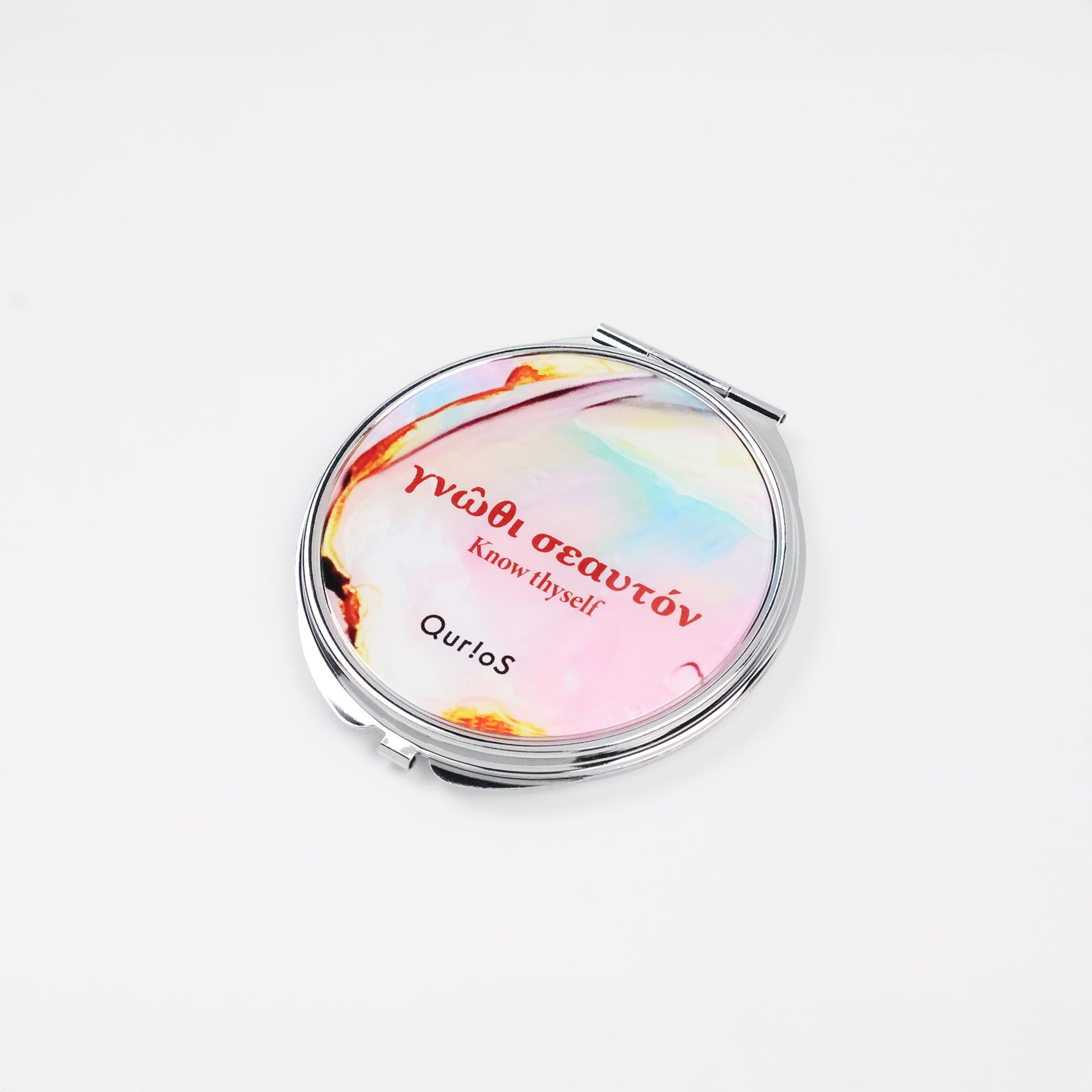 "汝自身を知れ" ミラー ペールピンク 哲学 ソクラテス 拡大鏡 コンパクト 自分の無知を自覚せよ - QurioStore QurioS