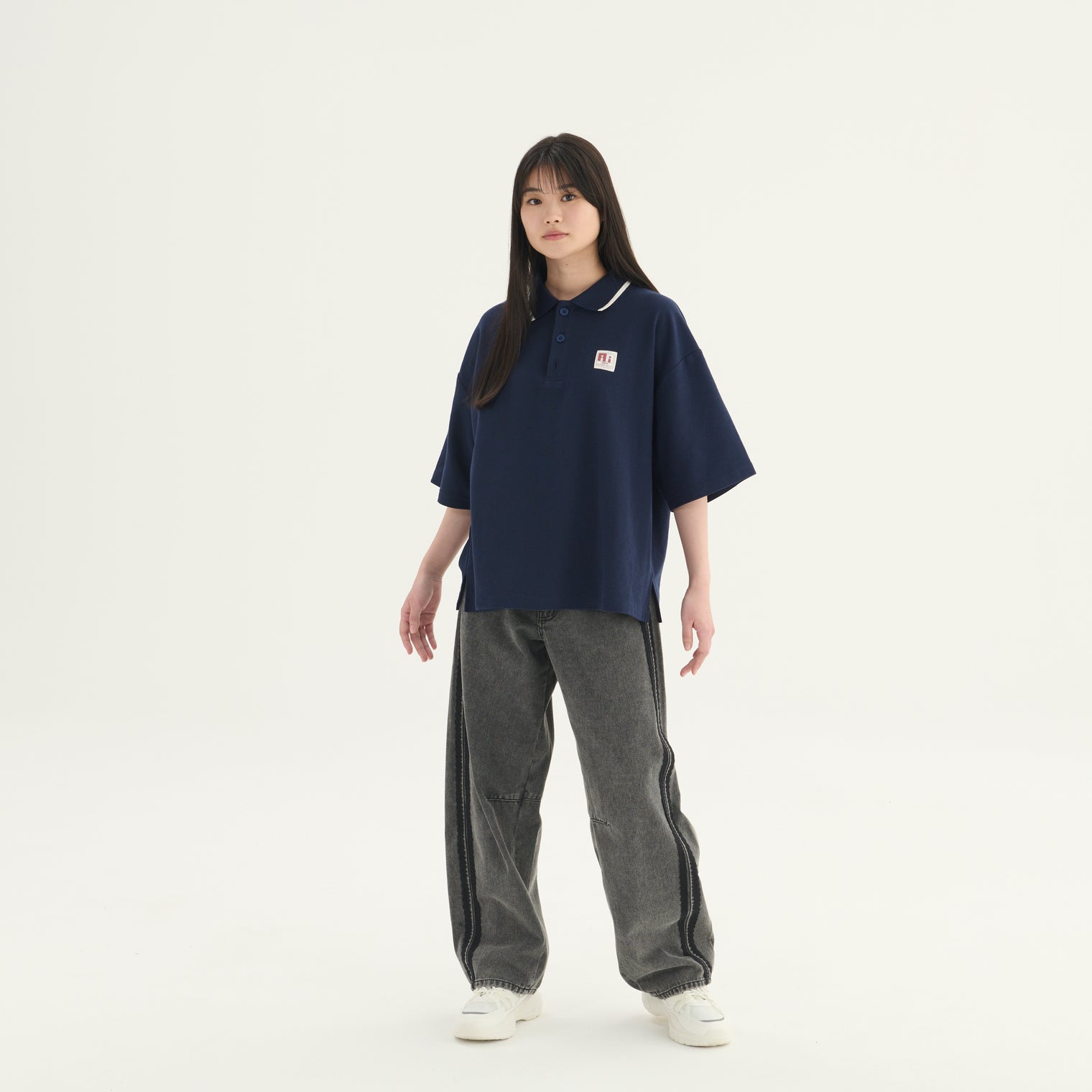 "チューリング・テスト" ポロシャツ アイボリー ネイビー 謎解き AI ドロップショルダー オーバーサイズ レディース メンズ 人気 おしゃれ 20代 30代 通勤 オフィス - QurioStore QurioS