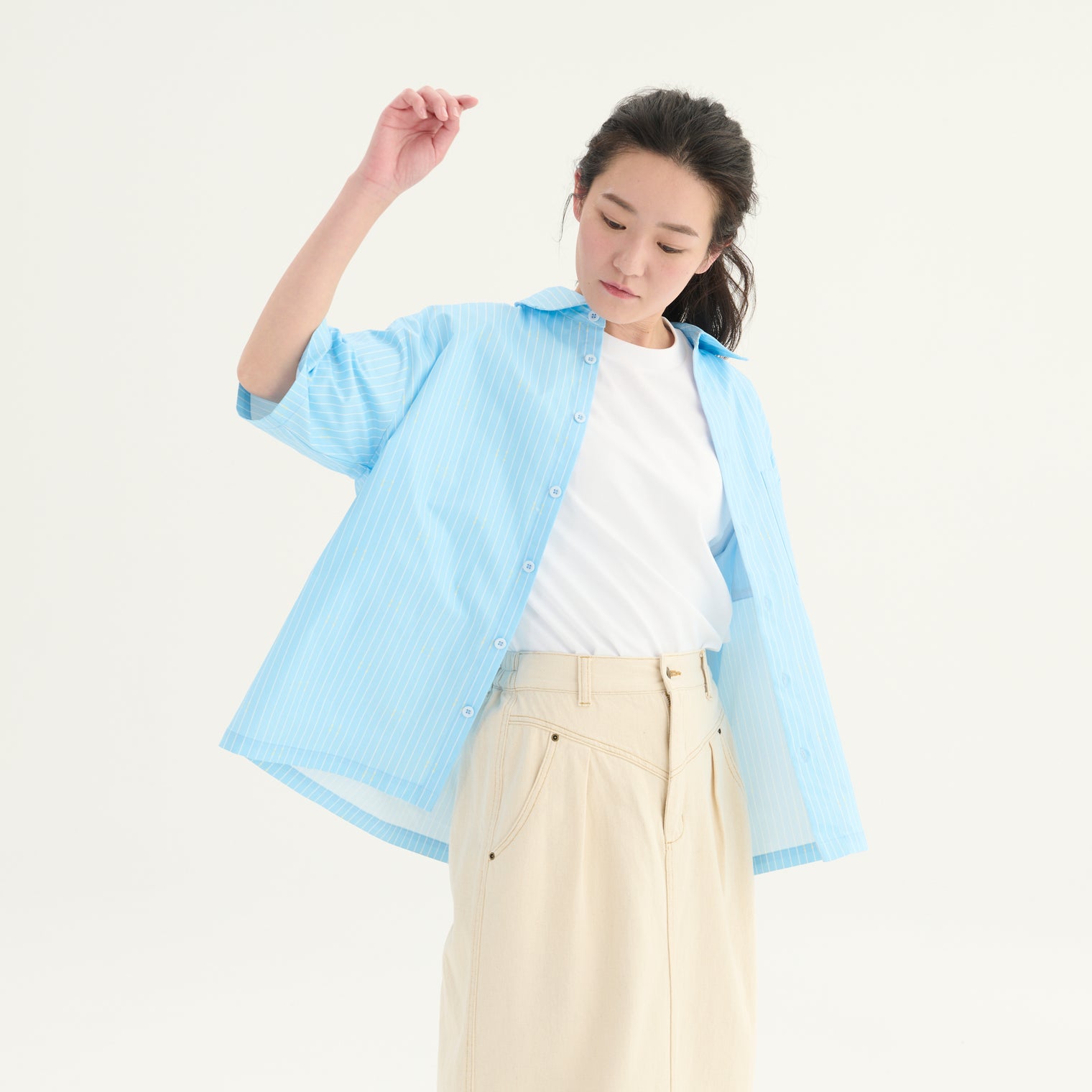 "ミュラー゠リヤー" ストライプシャツ ブルー 社会学 心理学 錯視 矢羽 - QurioStore QurioS