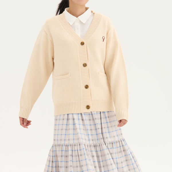 "Q.K." カーディガン アイボリー グレー ネイビー ブラック 刺繍 シンプル ポケット 秋冬 メンズ レディース 制服 通勤 オフィス - QurioStore QurioS