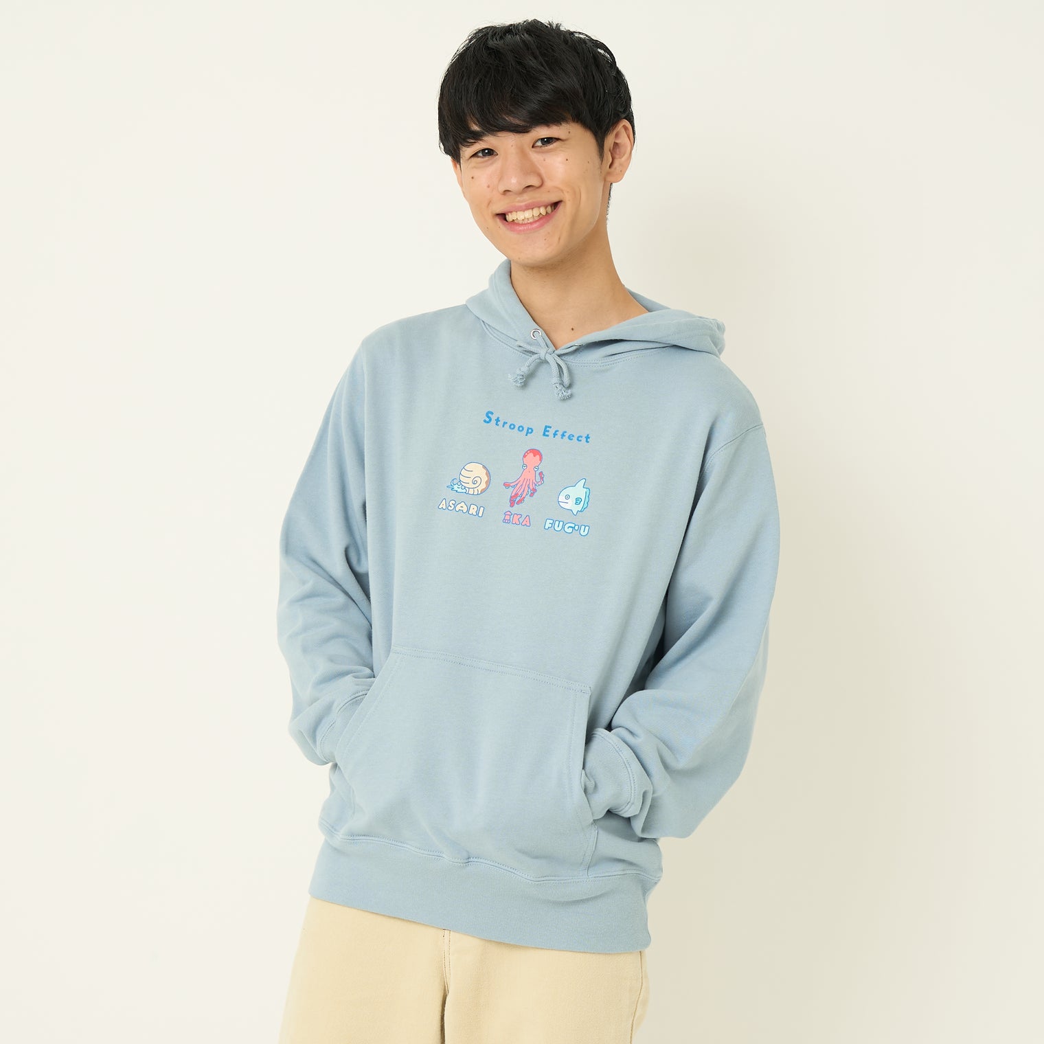 "Stroop effect" パーカー(企画:東問) ライトブルー ネイビー グレー アイボリー ブラック 心理学 ネットミーム マリン 海の生き物 スイーツ たこ マンボウ アンモナイト QuizKnock クイズノック 秋冬 レディース メンズ 人気 おしゃれ 20代 30代 - QurioStore QurioS