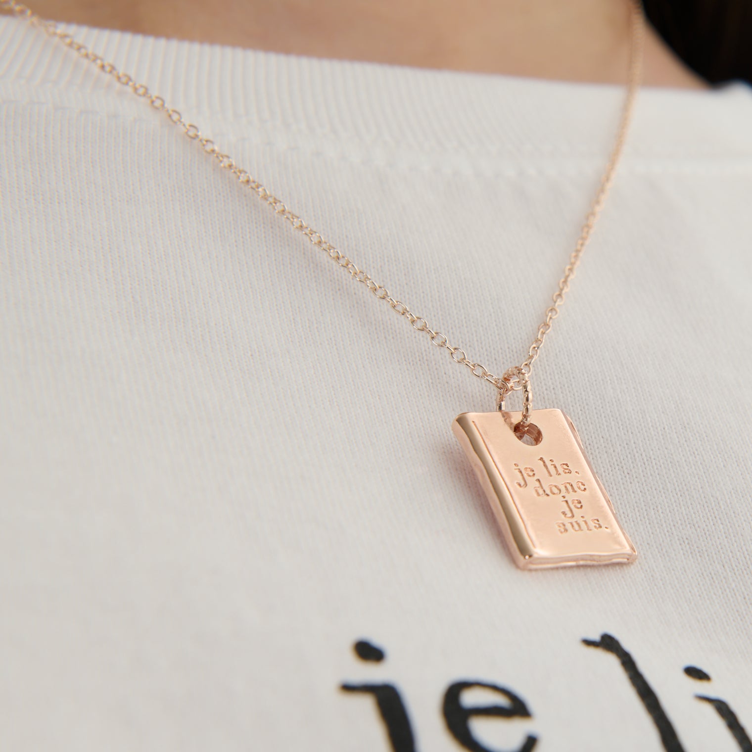 "我読む、ゆえに我あり" ネックレス ピンクゴールド シルバー 哲学 デカルト 方法序説 我思う ゆえに我あり 読書 カフェ レディース メンズ シンプル チェーン - QurioStore QurioS