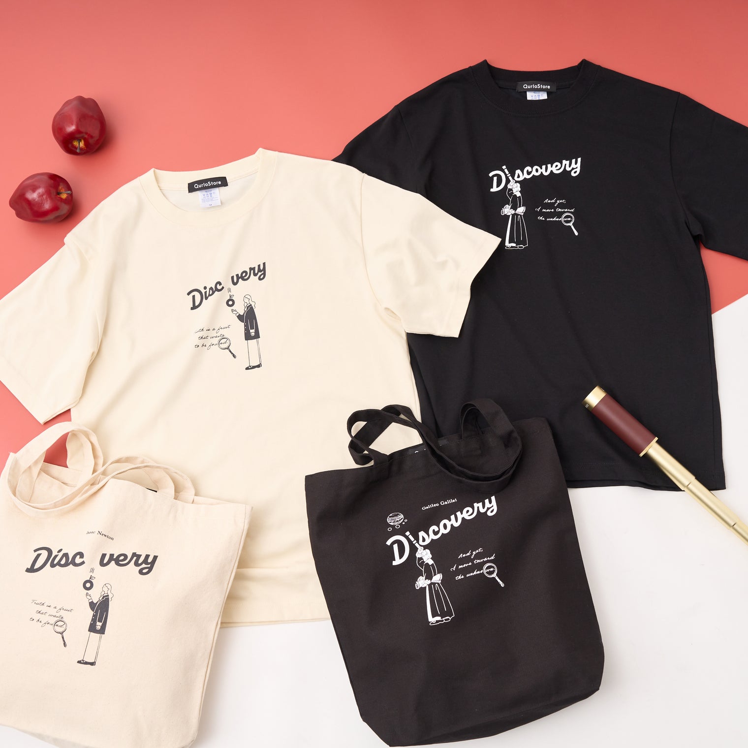 "Discovery" クールタッチTシャツ アイボリー ブラック 物理 物理学 宇宙学 Tシャツ ニュートン ガリレオ りんご 木星 クイズノック グッズ レディース メンズ 人気 おしゃれ 20代 30代 - QurioStore QurioS