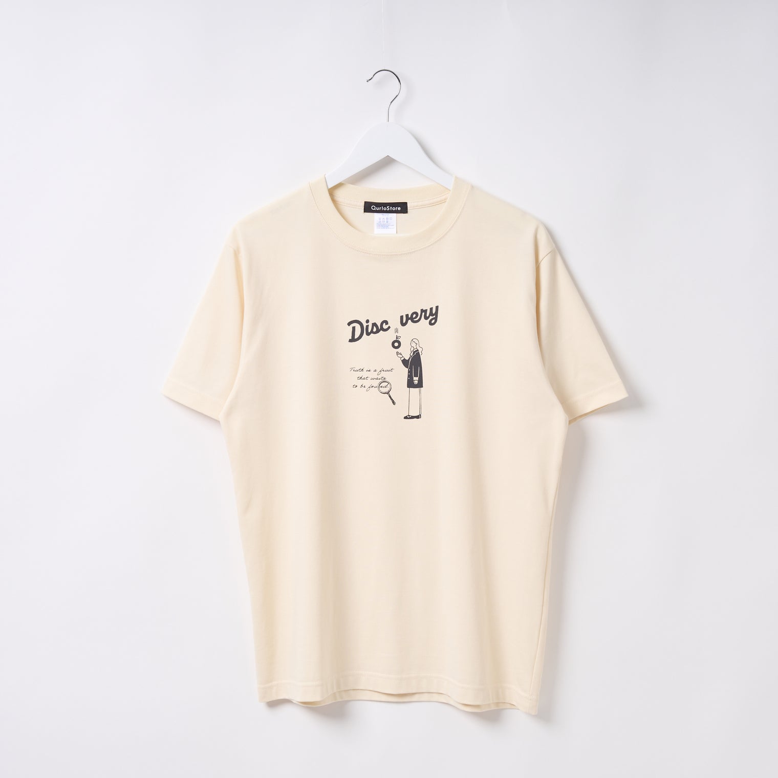 "Discovery" クールタッチTシャツ アイボリー ブラック 物理 物理学 宇宙学 Tシャツ ニュートン ガリレオ りんご 木星 クイズノック グッズ レディース メンズ 人気 おしゃれ 20代 30代 - QurioStore QurioS