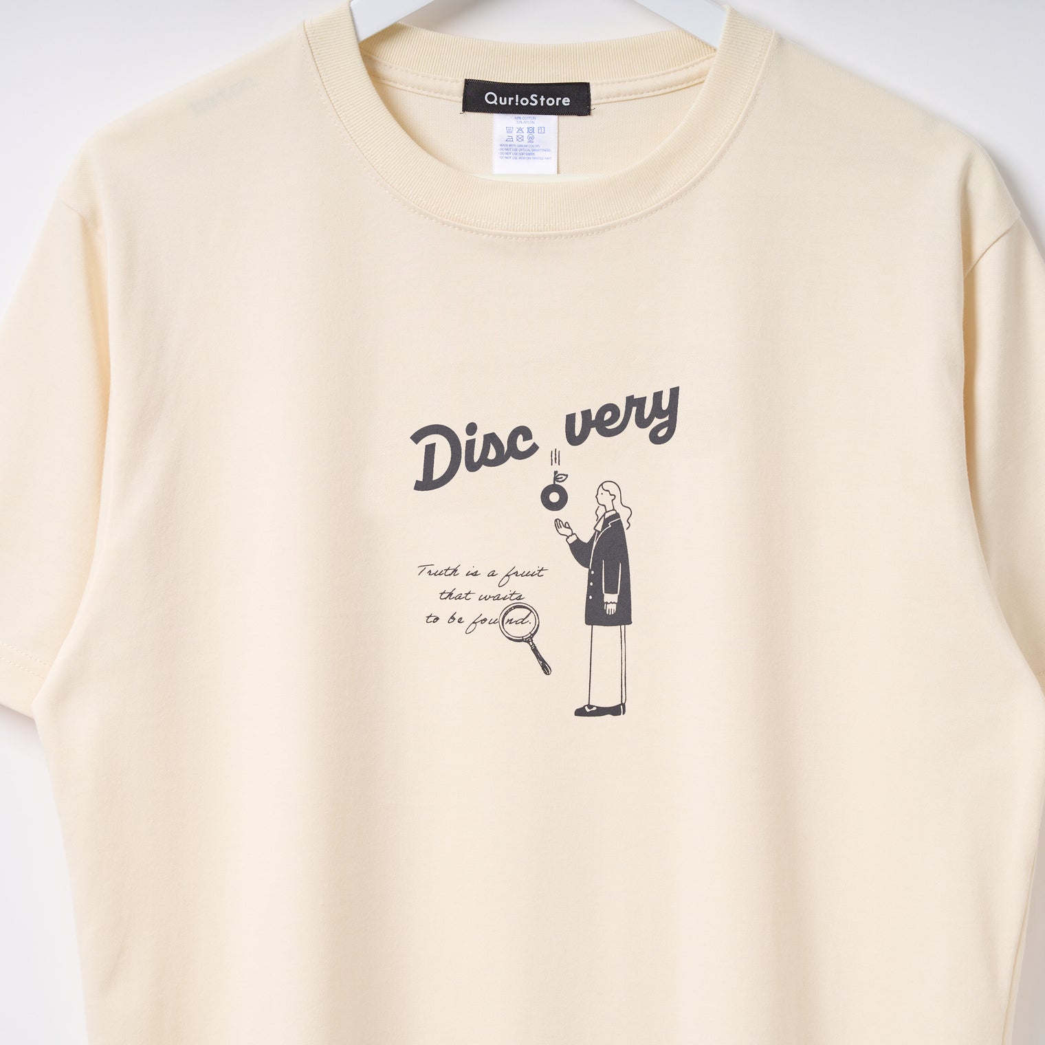 "Discovery" クールタッチTシャツ アイボリー ブラック 物理 物理学 宇宙学 Tシャツ ニュートン ガリレオ りんご 木星 クイズノック グッズ レディース メンズ 人気 おしゃれ 20代 30代 - QurioStore QurioS