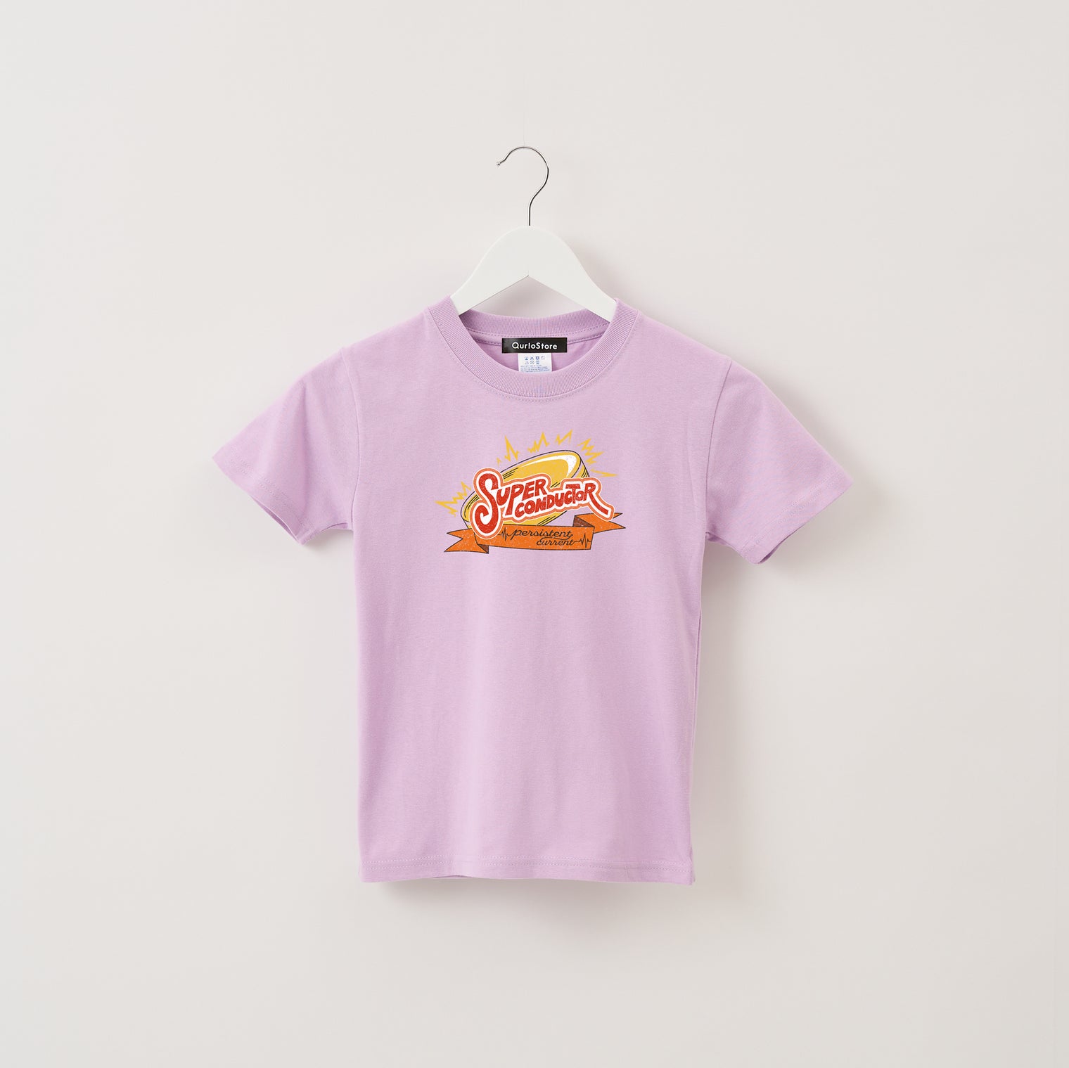 "超伝導" Tシャツ【キッズ】 ラベンダー パープル 物理 超伝導 Tシャツ コイン 稲妻 クイズノック グッズ キッズ 親子 ファミリー 人気 おしゃれ - QurioStore QurioS Kids