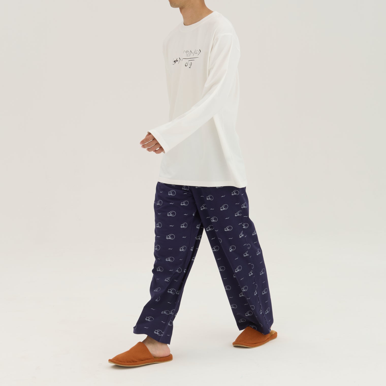 "シュレディンガーの猫" ルームウェア ネイビー ブラウン 量子力学 パシャマ 部屋着 上下セット ねこ ネコ レディース メンズ 人気 おしゃれ かわいい おすすめ 大人 ペア - QurioStore QurioS