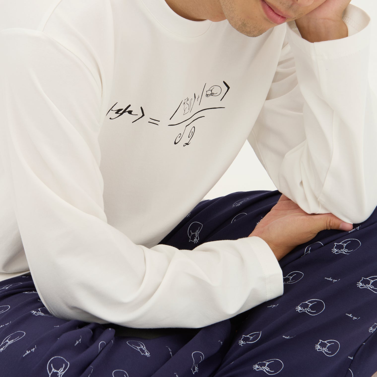 "シュレディンガーの猫" ルームウェア ネイビー ブラウン 量子力学 パシャマ 部屋着 上下セット ねこ ネコ レディース メンズ 人気 おしゃれ かわいい おすすめ 大人 ペア - QurioStore QurioS