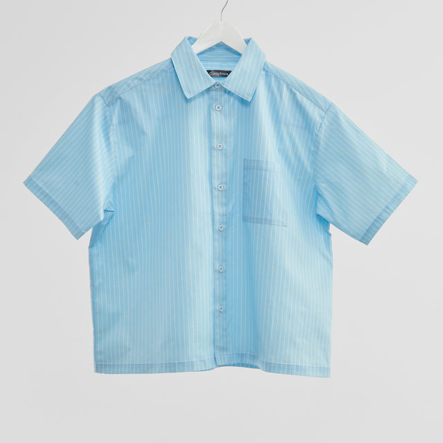 "ミュラー゠リヤー" ストライプシャツ ブルー 社会学 心理学 錯視 矢羽 - QurioStore QurioS