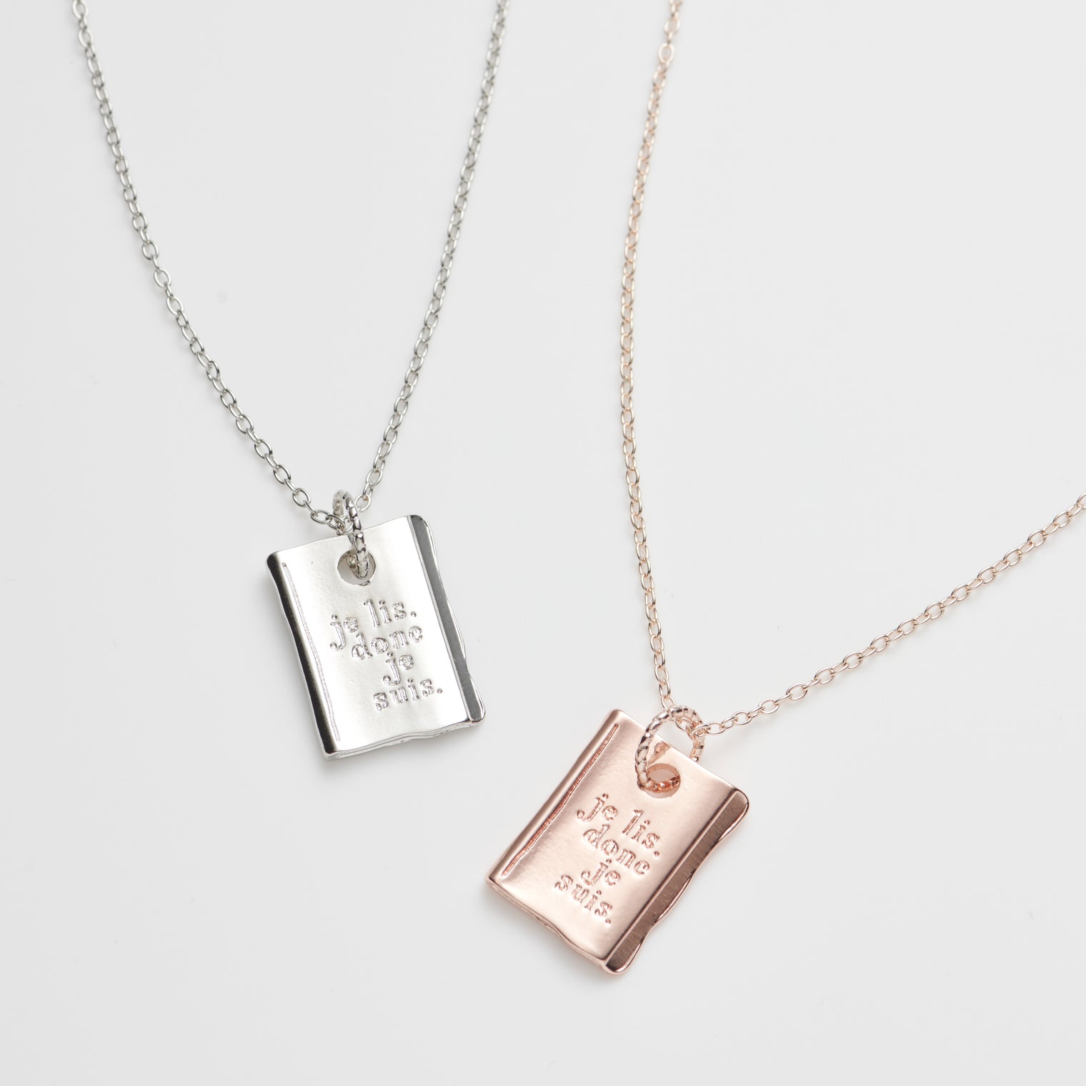 "我読む、ゆえに我あり" ネックレス ピンクゴールド シルバー 哲学 デカルト 方法序説 我思う ゆえに我あり 読書 カフェ レディース メンズ シンプル チェーン - QurioStore QurioS