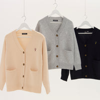 "Q.K." カーディガン アイボリー グレー ネイビー ブラック 刺繍 シンプル ポケット 秋冬 メンズ レディース 制服 通勤 オフィス - QurioStore QurioS