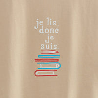 "我読む、ゆえに我あり" Tシャツ ホワイト ネイビー サンドベージュ 哲学 デカルト 方法序説 我思う ゆえに我あり オーバーサイズ 読書 カフェ レディース メンズ 人気 おしゃれ 20代 30代 - QurioStore QurioS