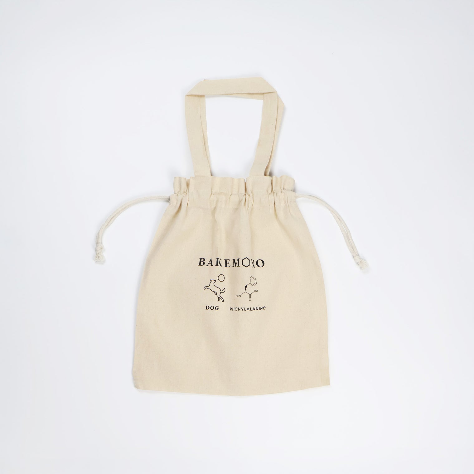 "BAKEMONO" 巾着バッグ ベージュ 化学 構造式 バッグ ペンギン ドッグ 犬 レディース メンズ 人気 おしゃれ 20代 30代 - QurioStore QurioS