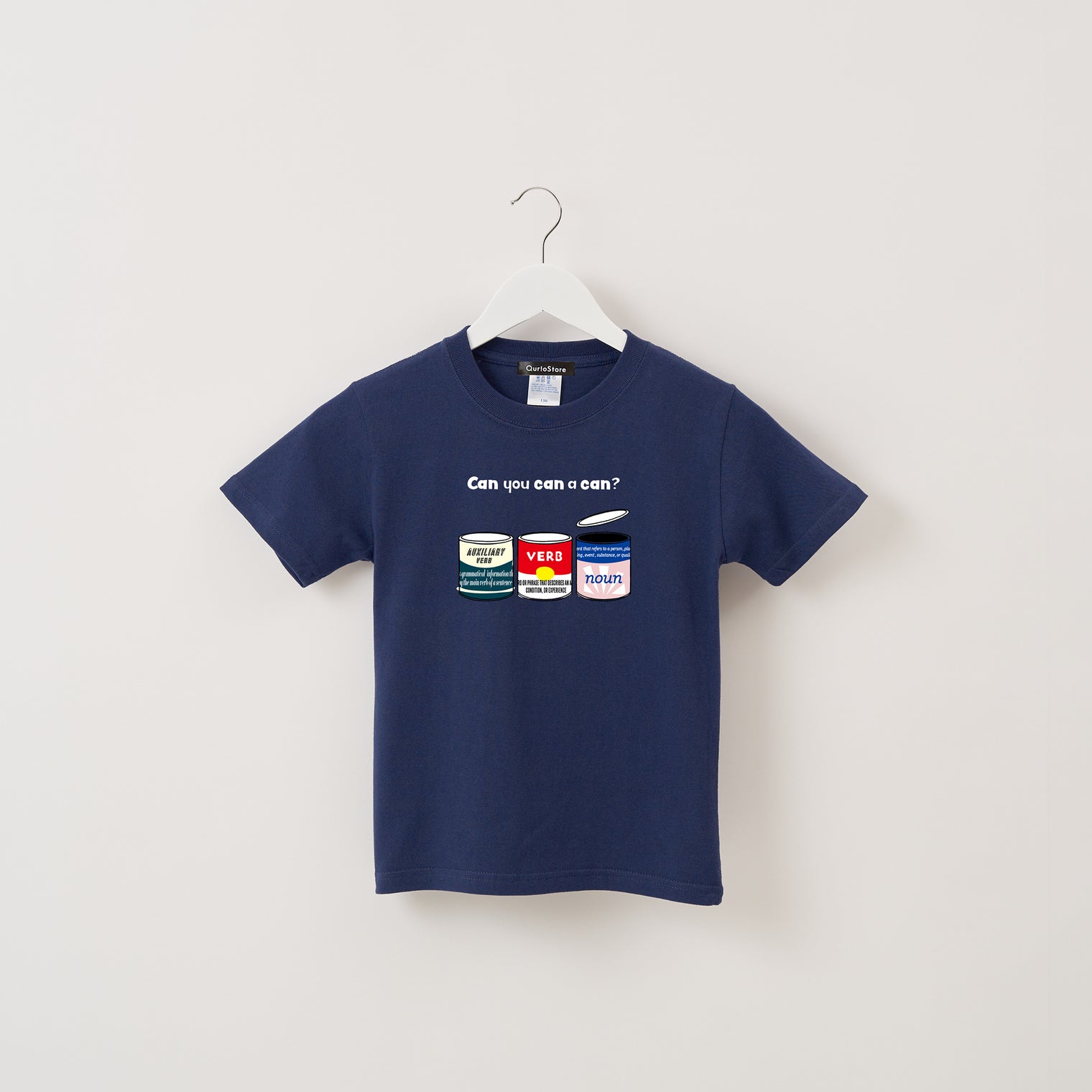 "Can" Tシャツ【キッズ】 ネイビー 英語 Tシャツ 缶 クイズノック グッズ キッズ 親子 ファミリー 人気 おしゃれ - QurioStore QurioS Kids