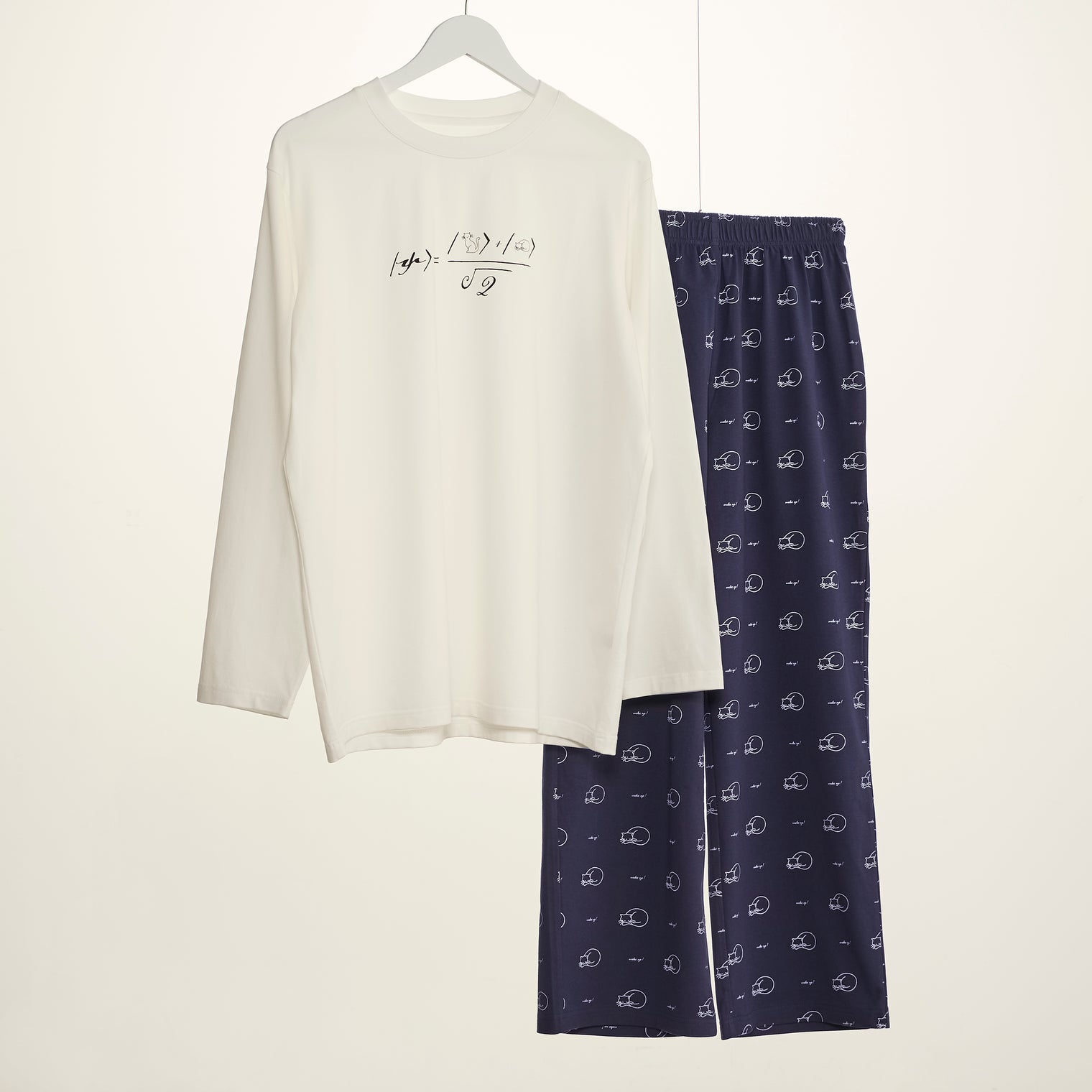 "シュレディンガーの猫" ルームウェア ネイビー ブラウン 量子力学 パシャマ 部屋着 上下セット ねこ ネコ レディース メンズ 人気 おしゃれ かわいい おすすめ 大人 ペア - QurioStore QurioS