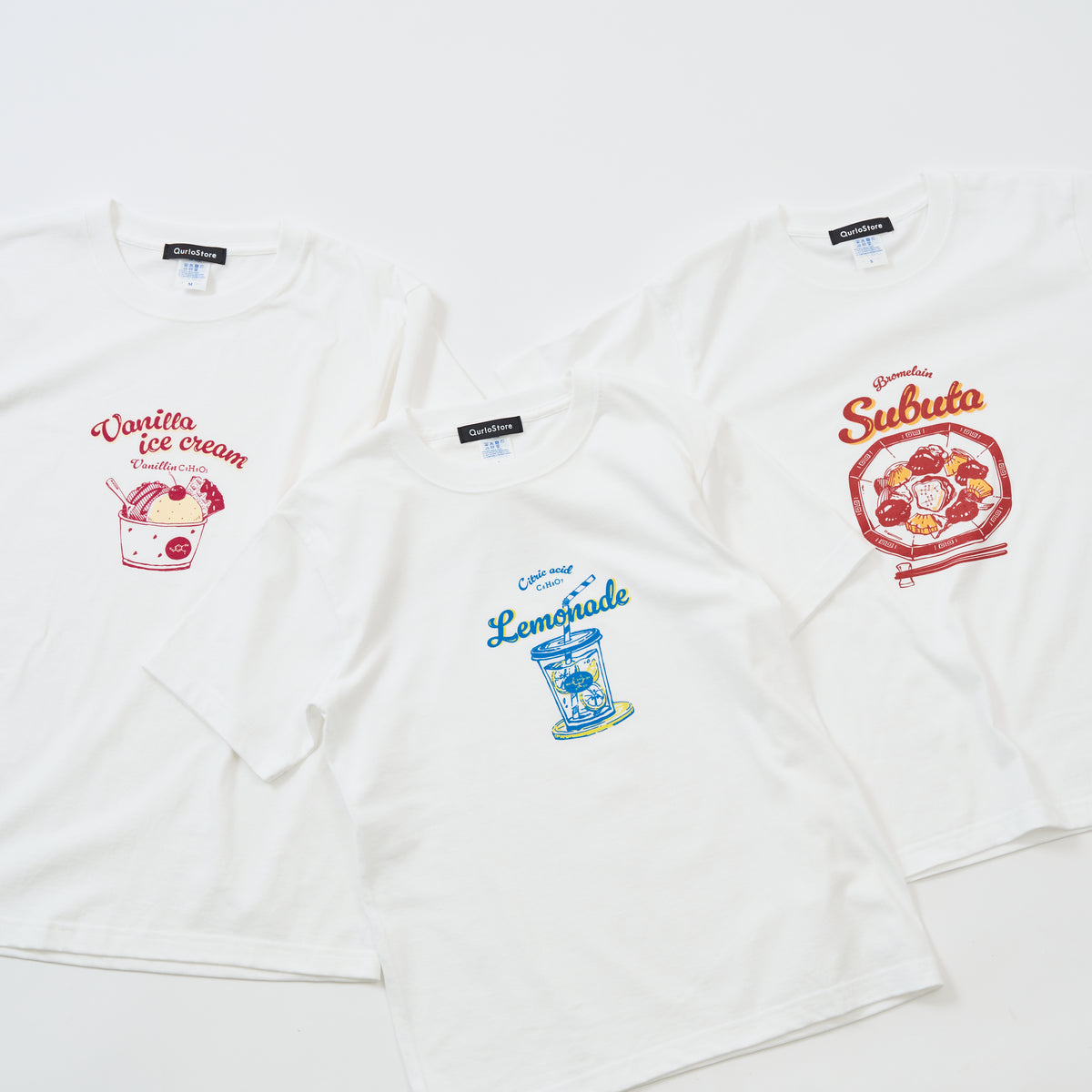 "おいしい化学" Tシャツ ブルー ピンク オレンジ 化学 構造式 Tシャツ レモン レモネード バニラ アイス 酢豚 パイナップル クイズノック グッズ レディース メンズ 人気 おしゃれ 20代 30代 - QurioStore QurioS