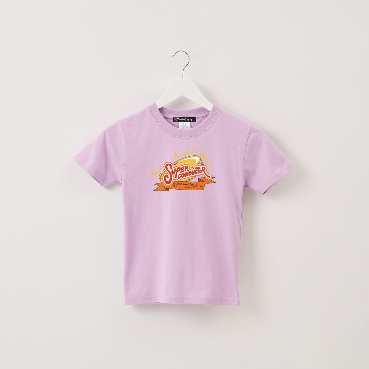 "超伝導" Tシャツ【キッズ】 ラベンダー パープル 物理 超伝導 Tシャツ コイン 稲妻 クイズノック グッズ キッズ 親子 ファミリー 人気 おしゃれ - QurioStore QurioS Kids